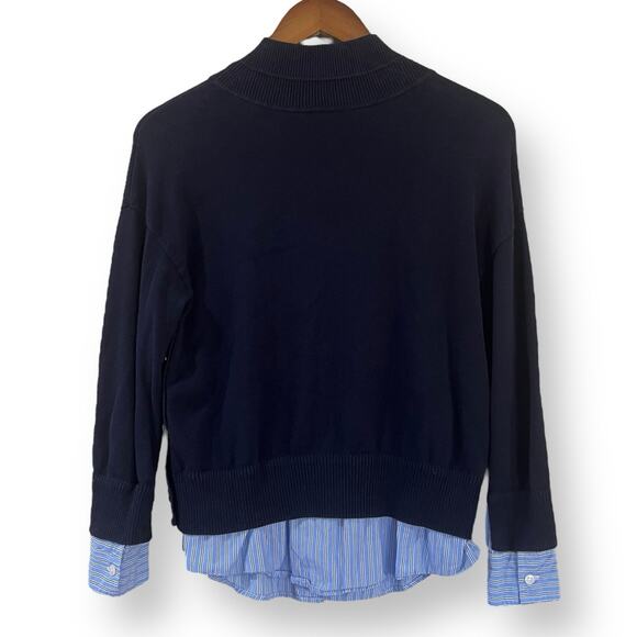 Talbots Mock Neck Pullover Sweater Small Petite SP Faux 2-Pc Woven Hem Navy Blue - Picture 7 of 7